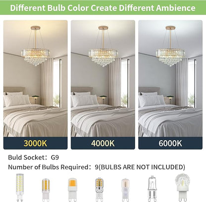 HOPGGIE 17 Inch Crystal Chandeliers Flush Mount Chandelier G9 Base Round Modern Ceiling Light Fixture Pendant Lighting for Living Room Dining Room Laundry Room Kitchen Bedroom (Gold)