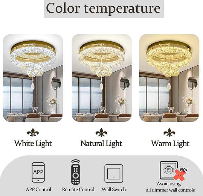 Flashing God Modern Crystal Chandelier Bedroom Chandeliers Flush Mount Ceiling Chandelier Light Fixture for Dining Room Entrance LED Dimmable Gold Ring Chandeliers