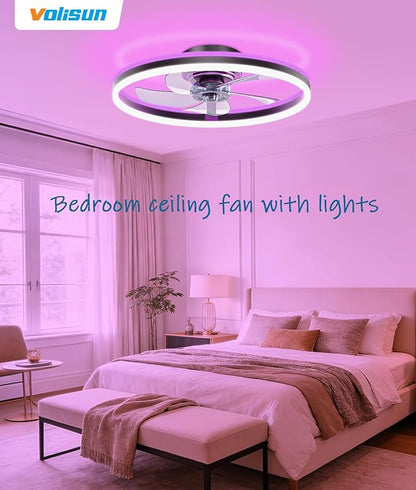 VOLISUN RGB Ceiling Fans with Lights and Remote, 20in Low Profile Ceiling Fans with Lights Flush Mount, 3000K-6500K Dimmable Fandelier LED Fan Light, Black Bladeless Ceiling Fans for Bedroom