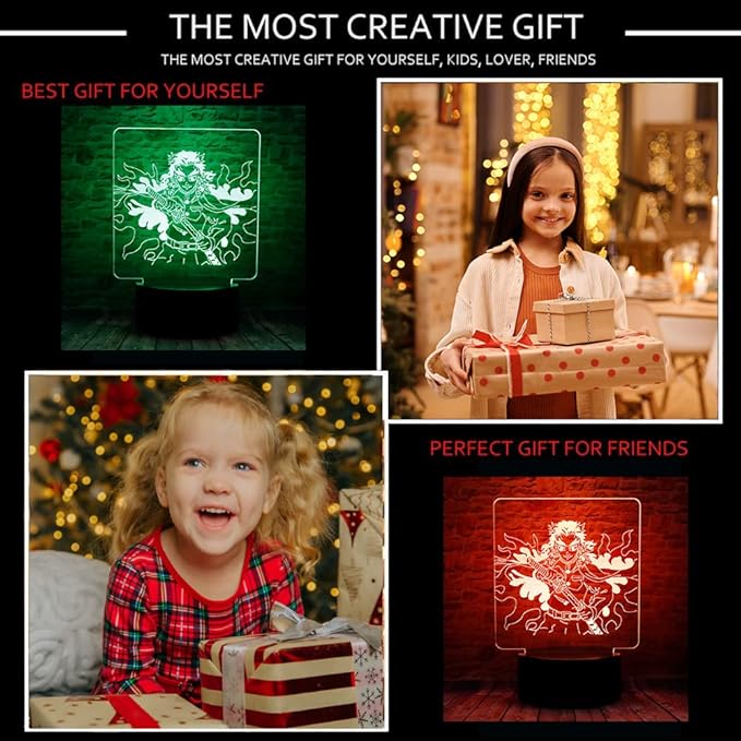 Cute Demon Slayer Kyoujurou Rengoku Anime Character 3D Optical Illusion LED Bedroom Decor Sleep Table Lamp with Remote 7 Colors Visual Night Light Birthday Christmas Gifts for Kids