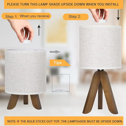 HAITRAL Wooden Tripod Table Lamp with Brown Base, Small Table Lamp Bedsides Lamp with Linen Fabric Shade, Nightstand Lamp Cute Night Lamp for Bedroom,Kids Room,Nursery,Dorm