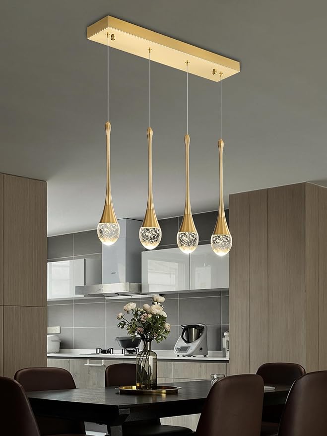 ykolupty Dining Room Light Fixture 4-Light Gold Kitchen Island Lighting Industrial Linear Crystal Chandeliers for Dining Room Pendant Light Fixture for Living Room Hallway Bedroom