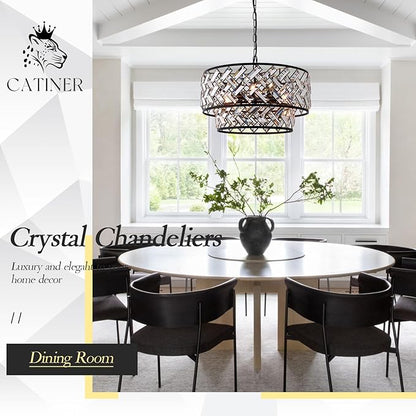 Black 6-Light Crystal Pendant Chandelier, Luxury Drum Semi Flush Mount Ceiling Light, 20'' Modern Ceiling Fixture for Dining Room, Living Room, Bedroom, Kitchen, Foyer