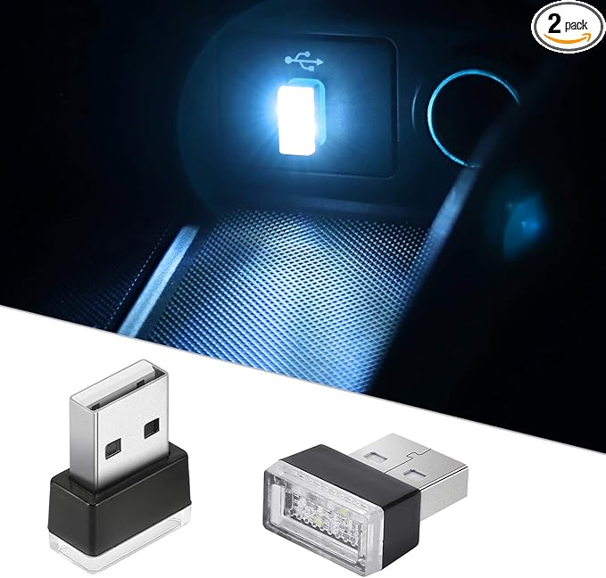2Pcs USB LED Atmosphere Lights Mini Car Interior Accessories Ambient Lamp, Mini USB LED Decoration Night Light for All Car Interiors (ice Blue)