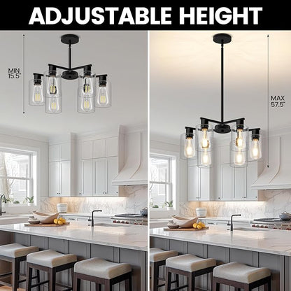 6-Light Modern Black Chandelier Farmhouse Dining Room Light Fixture with Clear Glass Shade Hanging Ceiling Pendant Lighting for Kitchen Island Living Room Hallway