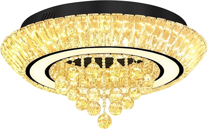 Glam Crystal Chandeliers, Modern Led Luxury Chandelier,24in Black Flush Mount Chandelier Ceiling Light, Raindrop Chandeliers for Dining Room, Living Room, Bedroom