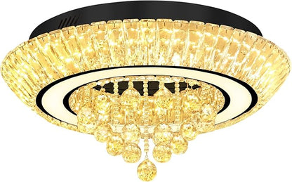 Glam Crystal Chandeliers, Modern Led Luxury Chandelier,24in Black Flush Mount Chandelier Ceiling Light, Raindrop Chandeliers for Dining Room, Living Room, Bedroom
