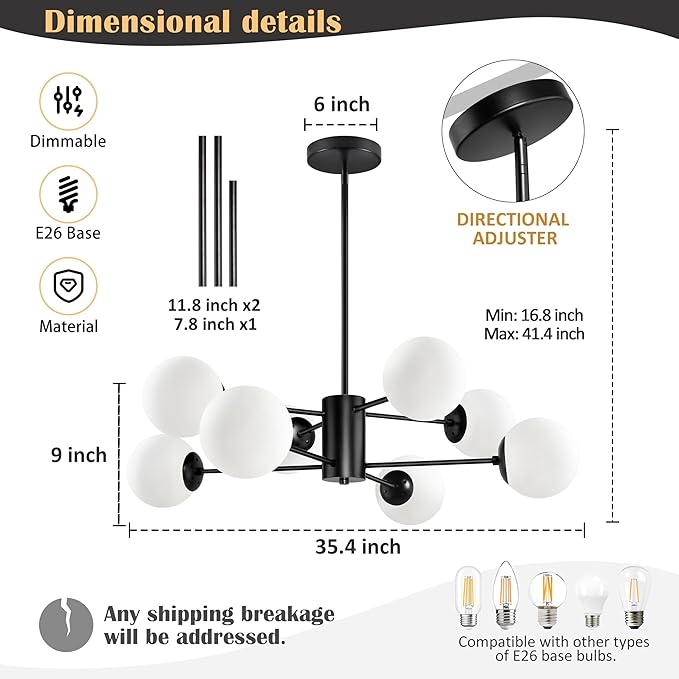 Bagood 8-Light Globe Sputnik Chandelier Black Mid Century Modern Light Fixture Matte Black Finished with White Frosted Globe Glass Lampshade Sputnik Chandeliers for Dining Room Bedroom Kitchen Island