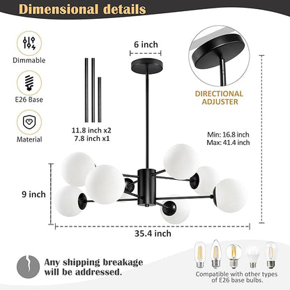 Bagood 8-Light Globe Sputnik Chandelier Black Mid Century Modern Light Fixture Matte Black Finished with White Frosted Globe Glass Lampshade Sputnik Chandeliers for Dining Room Bedroom Kitchen Island