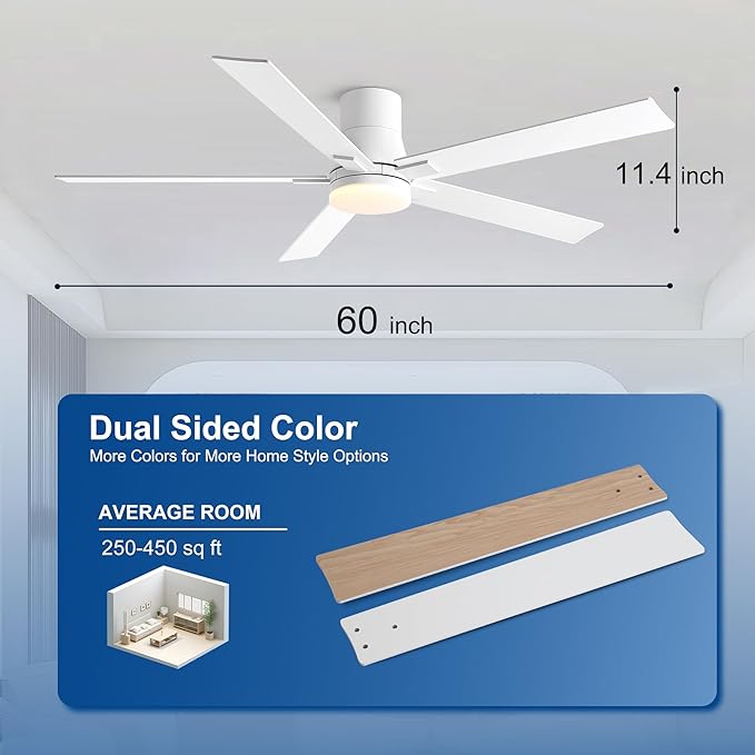 60 Inch Ceiling Fans with Lights and Remote,Flush Mount White Ceiling Fan with 5 Blades,6 Speed Reversible DC Motor,3CCT Dimmable LED-Low Profile Design for Bedroom, Living room & Covered Outdoor