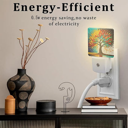 Colorful Life Tree Night Light Plug into Wall, Abstract Modern Artwork Oil Painting Dusk to Dawn Night Light Plug in,0.5w Energy Saving Sleep Friendly NightLight for Kids Boys Girls Home Decor
