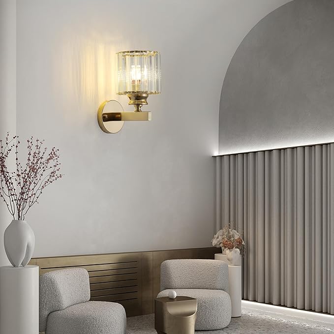 Hardwired Crystal Wall Sconces, Modern E27 Wall Lights, Gold Round Finish Wall Lamp for Living Room Bedroom Dining Room Hallway Entryway (Gold Round)