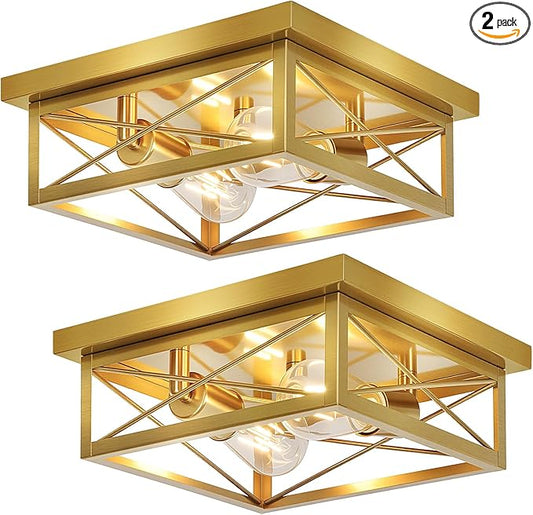 Kondras Gold Hallway Light Fixtures Ceiling, 2-Light Farmhouse Vintage Flush Mount Ceiling Lights, 2-Pack Brass Metal Kitchen Light Fixtures, Close to Ceiling Lights for Bedroom Living Room Entryway
