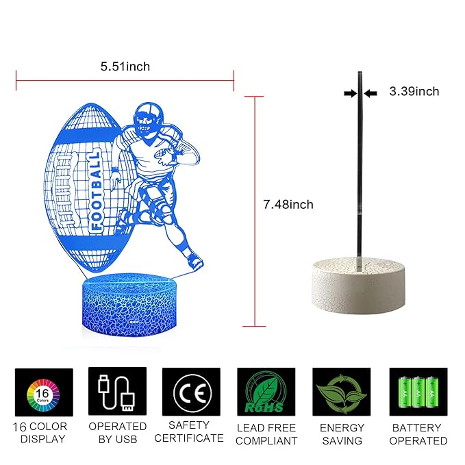 3D Illusion Football Player Night Light for Kids,Rugby LED Lamp 16 Color Changing Smart Touch&Remote Control Bedroom Decor Lamp Holiday Christmas Birthday Gift for Outsports Lover