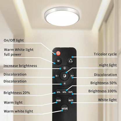 LED Flush Mount Ceiling Light Fixture with Remote Control，8 Inch 18W Close to Ceiling Lights for Kitchen,Bedroom,Laundry,Dimmable 3000K-6500K Light Color Adjustable