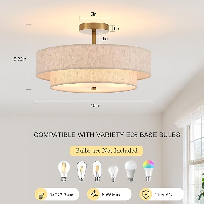 Modern Semi Flush Mount Ceiling Light 18" Modern Gold 3-Lights Drum Ceiling Lighting Fixture Vintage Linen Golden Ceiling Lamp for Laundry Room, Kitchen, Basement, Dining Room, Bedroom
