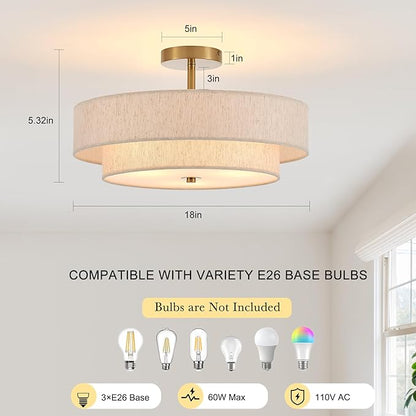 Modern Semi Flush Mount Ceiling Light 18" Modern Gold 3-Lights Drum Ceiling Lighting Fixture Vintage Linen Golden Ceiling Lamp for Laundry Room, Kitchen, Basement, Dining Room, Bedroom