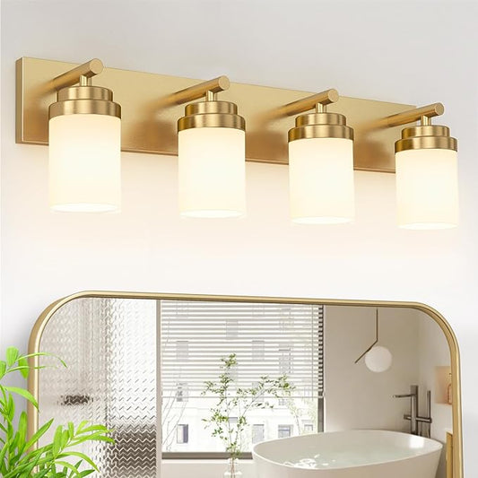 IZORRO Bathroom Vanity Light Fixture, 4-Light 30 Inch Gold Bathroom Light Fixtures Over Mirror, with White Glass Shade, Modern Farmhouse Vanity Lights, Rustic Restroom Lighting Fixtures