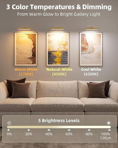 EZVALO 13in Wireless Picture Lights, 4000mAh Rechargeable Art Light with Remote, Dimmable 3 Color Temps, Battery Operated Wall Light for Living Room, Gallery, Painting (Gold, 3 Pack)