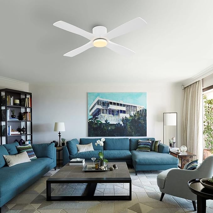 WINGBO 48 Inch Flush Mount DC Ceiling Fan with Lights and Remote, 4 Reversible Carved Wood Blades, 6-Speed Noiseless DC Motor, Hugger Ceiling Fan in White Finish, Low Profile Ceiling Fans, ETL Listed