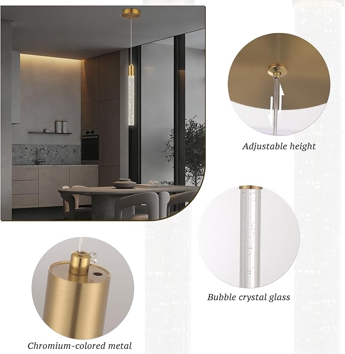 3 Pack Gold Bubble Crystal Pendant Lights for Kitchen Island, Modern Mini Chandelier Set with Integrated LED, Adjustable Hanging Crystal Rod Pendant Lighting for Dining Room Bar Counter