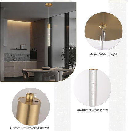 3 Pack Gold Bubble Crystal Pendant Lights for Kitchen Island, Modern Mini Chandelier Set with Integrated LED, Adjustable Hanging Crystal Rod Pendant Lighting for Dining Room Bar Counter