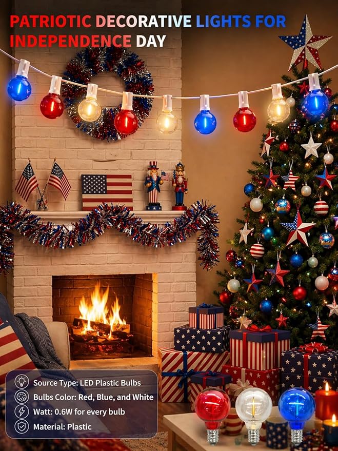 4th of July String Lights, 25FT Outdoor Patio Lights with 27 LED G40 Red White Blue Bulbs (2 Spare), Waterproof Connectable Lights for Patriotic Party Garden Decor