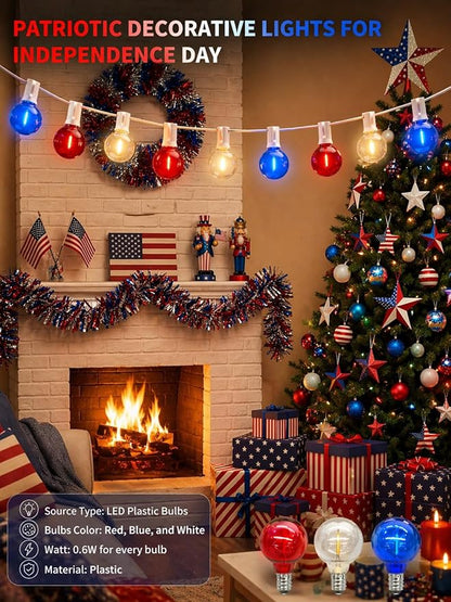 4th of July String Lights, 25FT Outdoor Patio Lights with 27 LED G40 Red White Blue Bulbs (2 Spare), Waterproof Connectable Lights for Patriotic Party Garden Decor