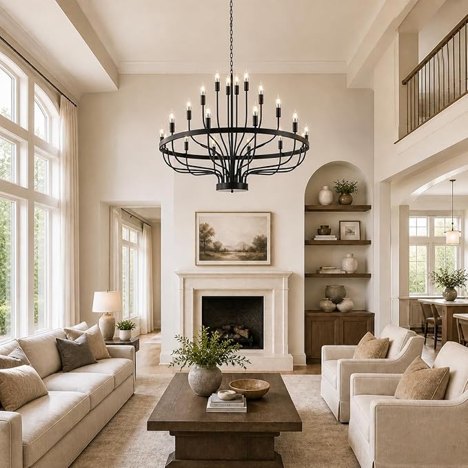 Shandaglo Large Black Chandelier 24-Light, Round 3-Tier Wagon Wheel Fixture, 39 in Farmhouse Candle Pendant with E12 Base for Dining Room, Foyer, Living Room, Hallway, High Ceiling