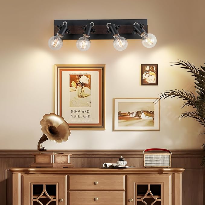 Farmhouse Wood Flush Mount Ceiling Light,Black Kitchen Track Lighting Fixtures Ceiling with Rotatable Light Heads,4 Light Track Lighting for Kitchen, Living Room, Bedroom.