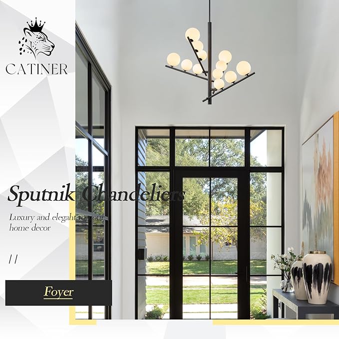 CATINER 12 Lights L36”Black Sputnik Chandeliers Mid Century Modern Chandelier for Dining Room Ceiling Pendant Lighting with Milk Glass Globe Shades for High Ceiling Foyer Living Room