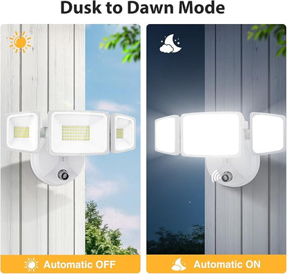 Onforu 80W LED Dusk to Dawn Flood Lights,8000LM White Exterior Security Outdoor Lighting,IP65 Waterproof Outdoor 3 Adjustable Heads Photocell Light Fixture,6500K Floodlight for Garage,Patio,Yard