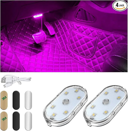 KVAEY 4 PCS Car LED Lights Interior Wireless, 7 Colors Magnetic Auto Ambient Light with 6 Bright LED Lamp Beads, Portable USB Rechargeable Vehicle Interior Led Night Light (Pink, Magnetic, 2pcs)