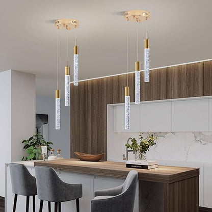 Modern Crystal Chandelier 3-Lights, Spiral LED Raindrop Kitchen Island Pendant Lighting, Bubble Foyer Dinimg Room Hanging Light Fixture Remote Control Gold
