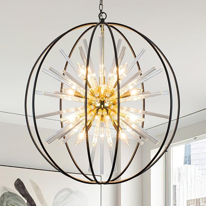 Vezzio 12-Light Modern Sputnik Chandeliers for Dining Room Black and Gold Chandelier for Entryway D27 Globe High Ceiling Light Fixture for Foyer Stairway Hallway Bedroom Living Room