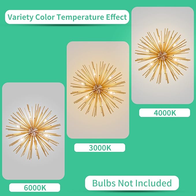 CM MZY Modern Gold Sputnik Chandeliers, 9-Light Satellite Pendant Light fixtures, Starburst Firework Ceiling Lights for Bedroom Living Room Dining Room Kitchen Island Hallway, E12 Socket(Dia:19.7'')