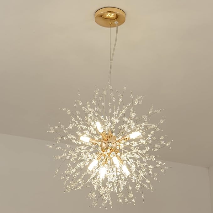 CM MZY Modern Crystal Chandeliers Firework, 8-Light Gold Dandelion Sputnik Ceiling Light Fixtures, Sputnik Chandelier for Bedroom Living Room Dining Room Kitchen Island Hallway