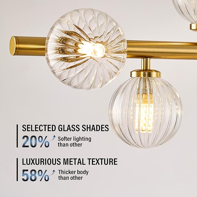 Mid Century Modern Glass Globe Sputnik Chandelier, 9-Light Linear Chandeliers for Dining Room, Kitchen Island, Living, Dining Light Fixture Over Table, Brass Gold and Clear Bubble, 40 Inch