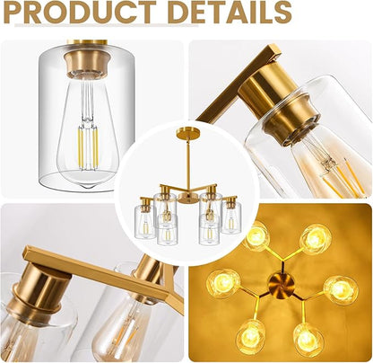 6-Light Modern Gold Chandelier Farmhouse Dining Room Light Fixture with Clear Glass Shade Hanging Ceiling Pendant Lighting for Kitchen Island Living Room Hallway
