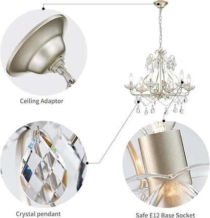 WUZUPS Crystal Candle Chandelier Pendant Flushmount Ceiling Light Modern Lighting Fixture for Bedroom Hallway Bar Kitchen Bathroom, H 22.5" x W 21.7", Nickel, E12 Base