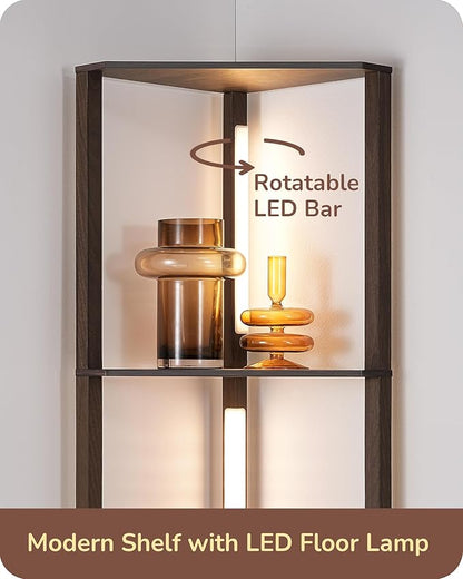 EDISHINE Dimmable LED Floor Lamp with Shelves, Corner Floor Lamps for Living Room, Corner Shelf with LED Light, 3CCT, Modern Standing Lamp, Floor Lamp for Bedroom, Office, Walnut