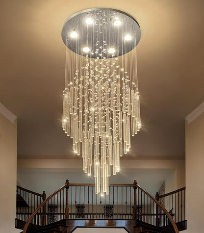 HAIXIANG W20 x H40 Crystal Glam Chandelier Long Light Chandeliers with Dimmable Light Bulbs High Ceiling Light Fixtures for Foyer Entryway Living Room Stair Silver