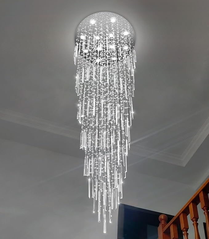 D32'' x H100'' Modern Crystal Chandelier High Ceiling Chandeliers for Entryway Glam Chandelier Large Raindrop Chandeliers LED Dimmable Light Fixtures for Staircaes Foyer Hallway Living Room Silver