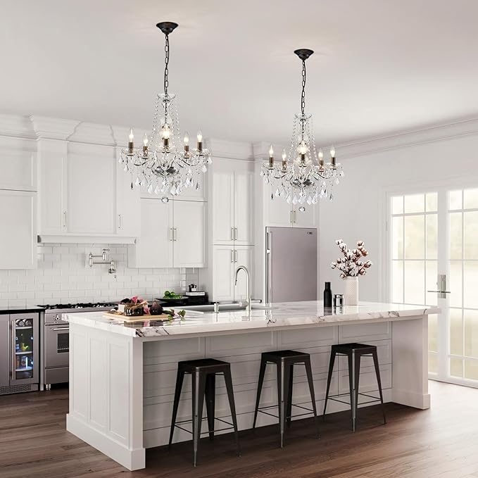 WUZUPS Crystal 5-Light Candle Chandelier Pendant Flushmount Ceiling Light Modern Lighting Fixture for Bedroom Hallway Bar Kitchen Bathroom, H 25" x W 20", Black, E12 Base