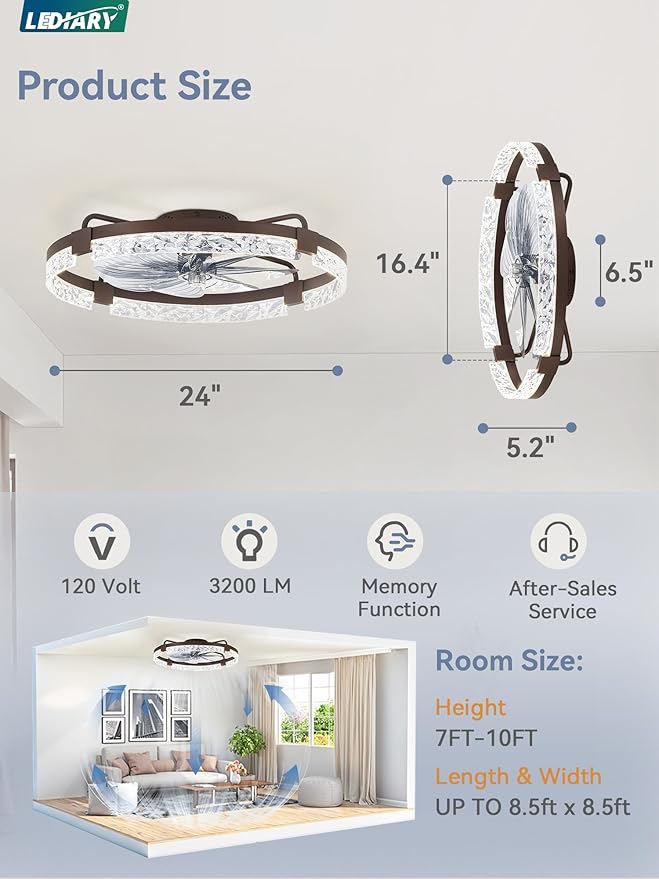 LEDIARY 2 Pack 24 Inch Low Profile Ceiling Fans with Lights and Remote, Fandelier Modern Ceiling Fan, 3000K-6000K Dimmable LED Fan Light, Brown Flush Mount Ceiling Fans with Lights for Bedroom