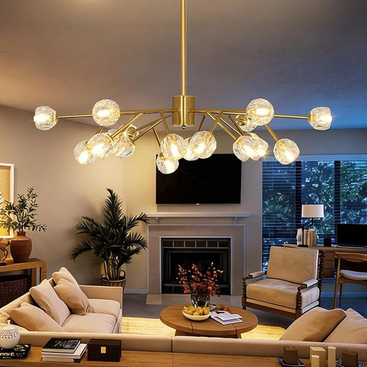Depuley Modern Gold Sputnik Chandelier: 18-Light Large Crystal Glass Chandelier for Living Room - Kitchen Island Light Fixture Mid Century Hanging Lamp for Dining Room (Included G9 Bulbs)
