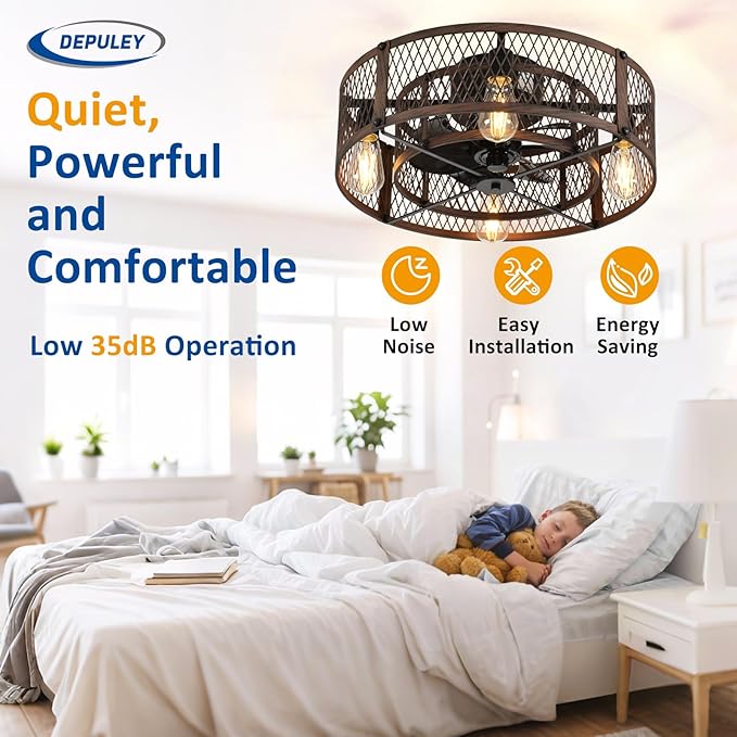 Depuley Flush Mount Ceiling Fan: 20" Caged Ceiling Fans with Lights and Remote App Control for Kitchen Bedroom Farmhouse - Rustic Low Profile Ceiling Fandelier Lights Reversible 6 Speed Timer Walnut