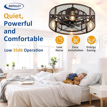 Depuley Flush Mount Ceiling Fan: 20" Caged Ceiling Fans with Lights and Remote App Control for Kitchen Bedroom Farmhouse - Rustic Low Profile Ceiling Fandelier Lights Reversible 6 Speed Timer Walnut