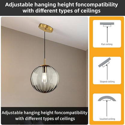 Modern Smoke Grey Glass Pendant Light, Kitchen Island Lighting Single Globe Pendant Light Fixtures Century Kitchen Island Pendant Lighting for Bedroom Living Dining Room Light Fixture （Without Bulb）