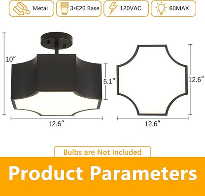 Modern Black 3-Light Ceiling Light Fixture, 12.6'' Metal Industrial Semi Flush Mount Close to Ceiling Light, Farmhouse Light Fixtures Ceiling Mount, Geometry Chandelier for Kitchen, Hallway